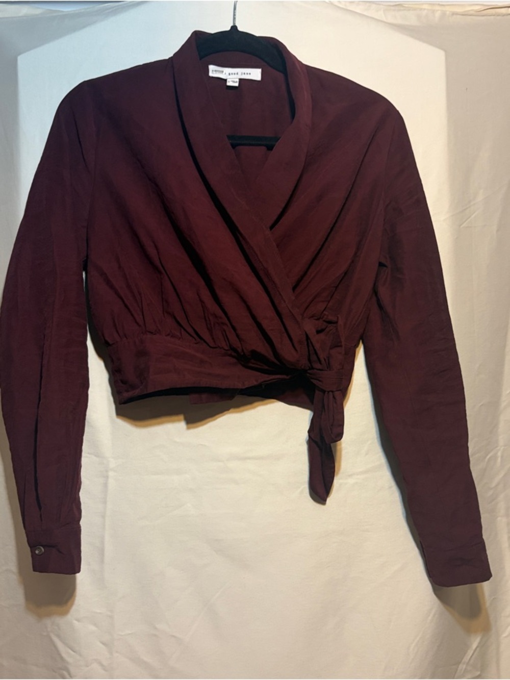 The Good Jane Burgundy Wrap Tie Crop Blouse